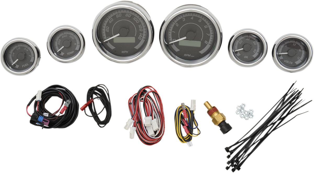 MVX-8K Series Analog/Digital 6-Gauge Kit - Chrome Bezel - Black Face with Gray Background