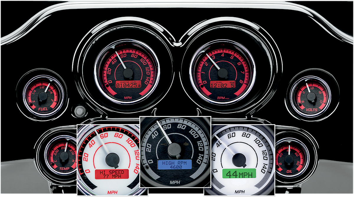 MVX-8K Series Analog 6-Gauge Kit - Chrome Bezel - Black Face with Gray Background